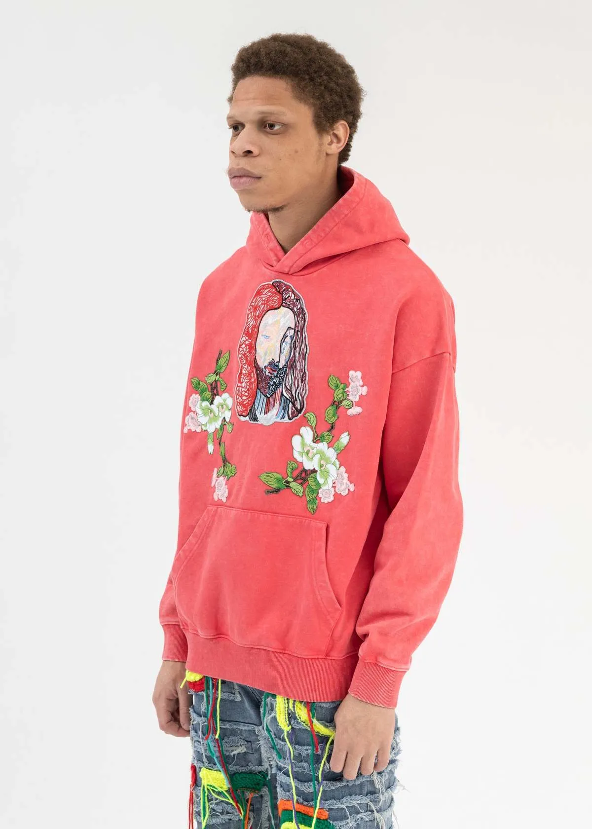 WASHED RED EMBROIDERY PATCHWORK HOODIES - Red