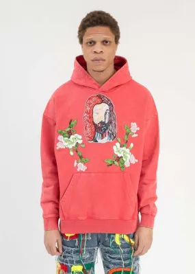 WASHED RED EMBROIDERY PATCHWORK HOODIES - Red