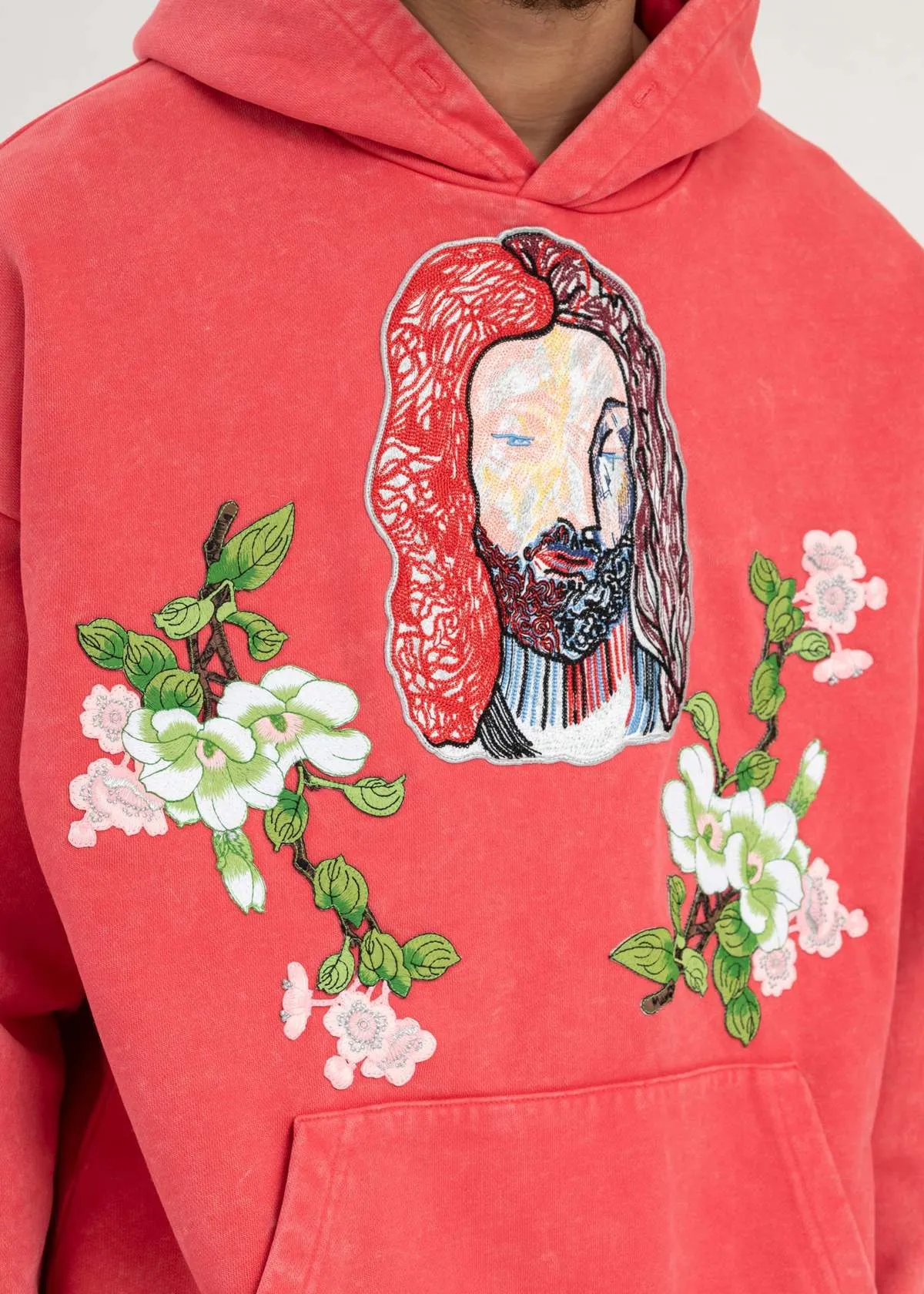 WASHED RED EMBROIDERY PATCHWORK HOODIES - Red