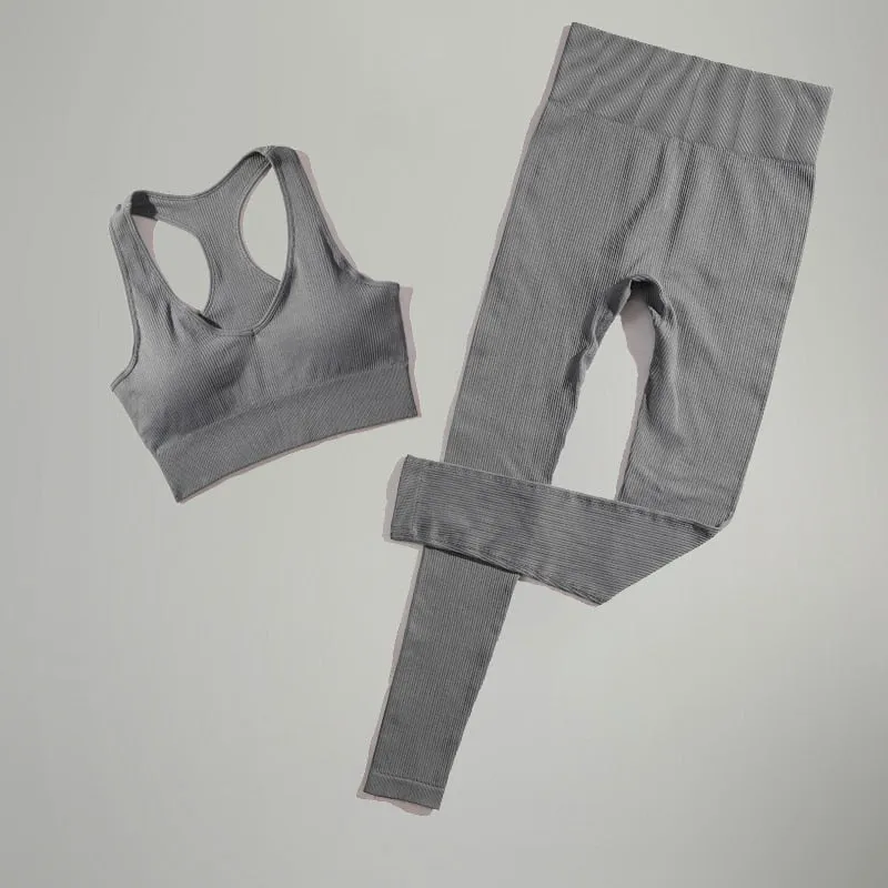 Women's Gray Seamless Bra High Waist Leggings Two Piece Yoga Outfit