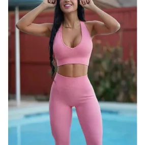 Women's Pink Seamless Bra High Waist Leggings Two Piece Yoga Outfit