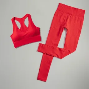 Women's Red Seamless Bra High Waist Leggings Two Piece Yoga Outfit