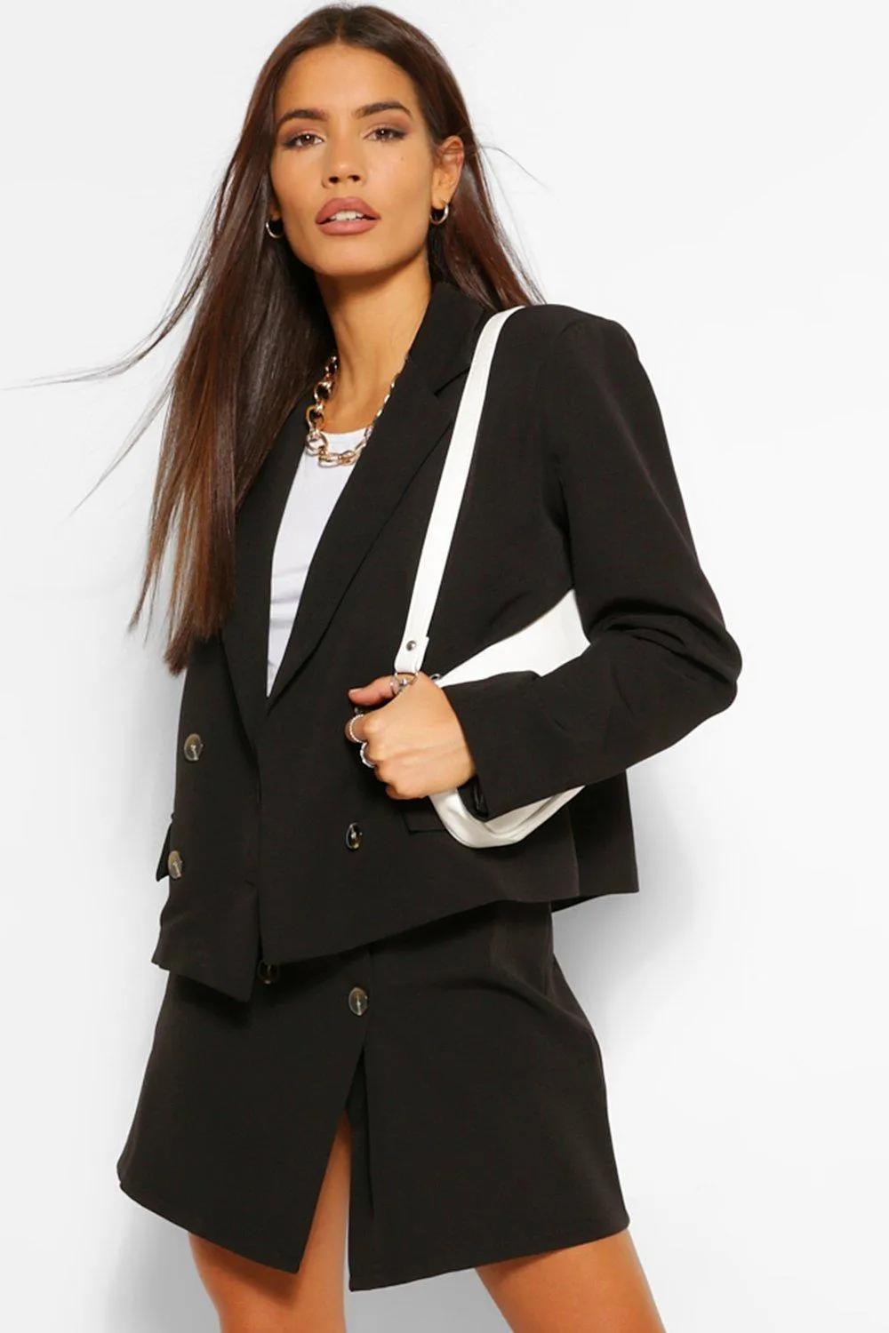 Woven Mock Horn Button Boxy Blazer