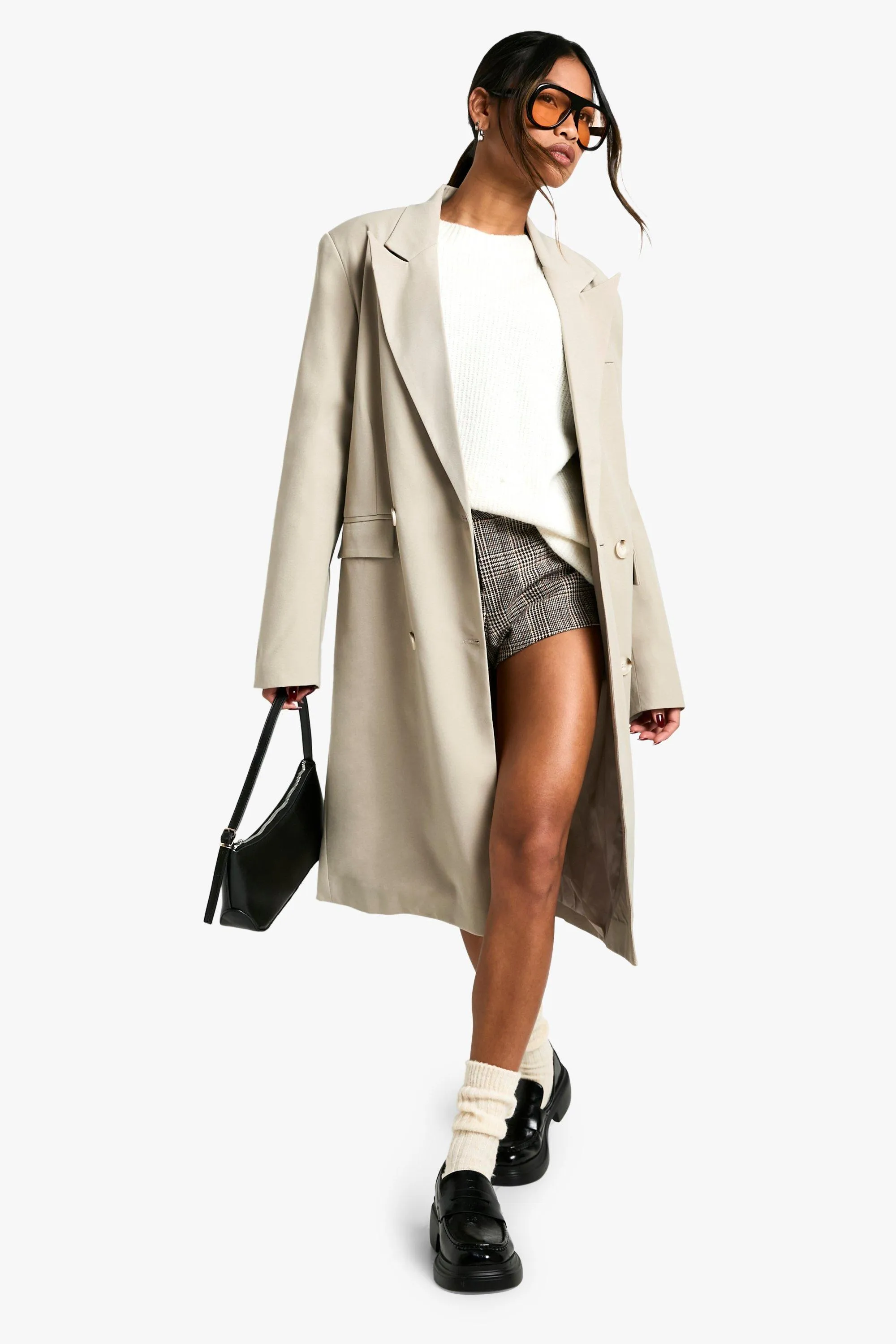 Woven Oversized Longline Shoulder Padded Blazer