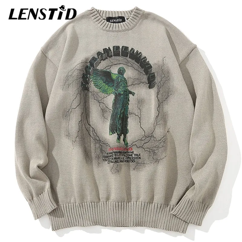 Xituodai Men Hip Hop Knitted Jumper Sweaters Angel Lightning Printed Streetwear Harajuku Autumn Oversize Hipster Casual Pullover