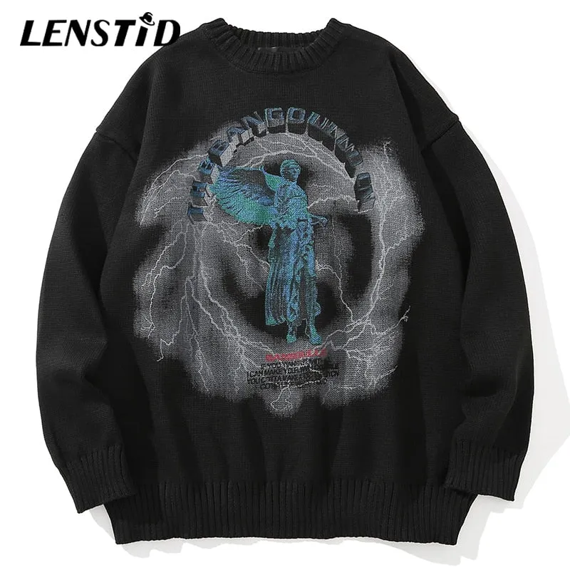 Xituodai Men Hip Hop Knitted Jumper Sweaters Angel Lightning Printed Streetwear Harajuku Autumn Oversize Hipster Casual Pullover