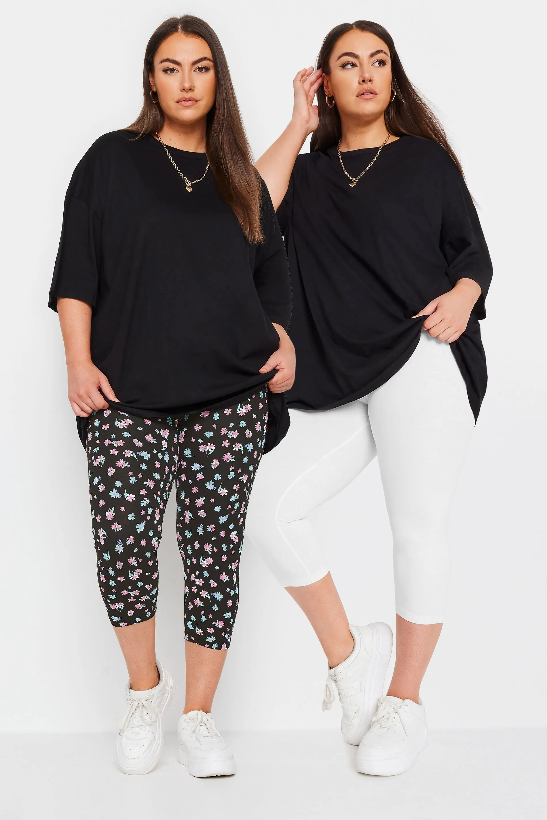 YOURS Curve 2 PACK Black & White Ditsy Floral Print Cropped Leggings