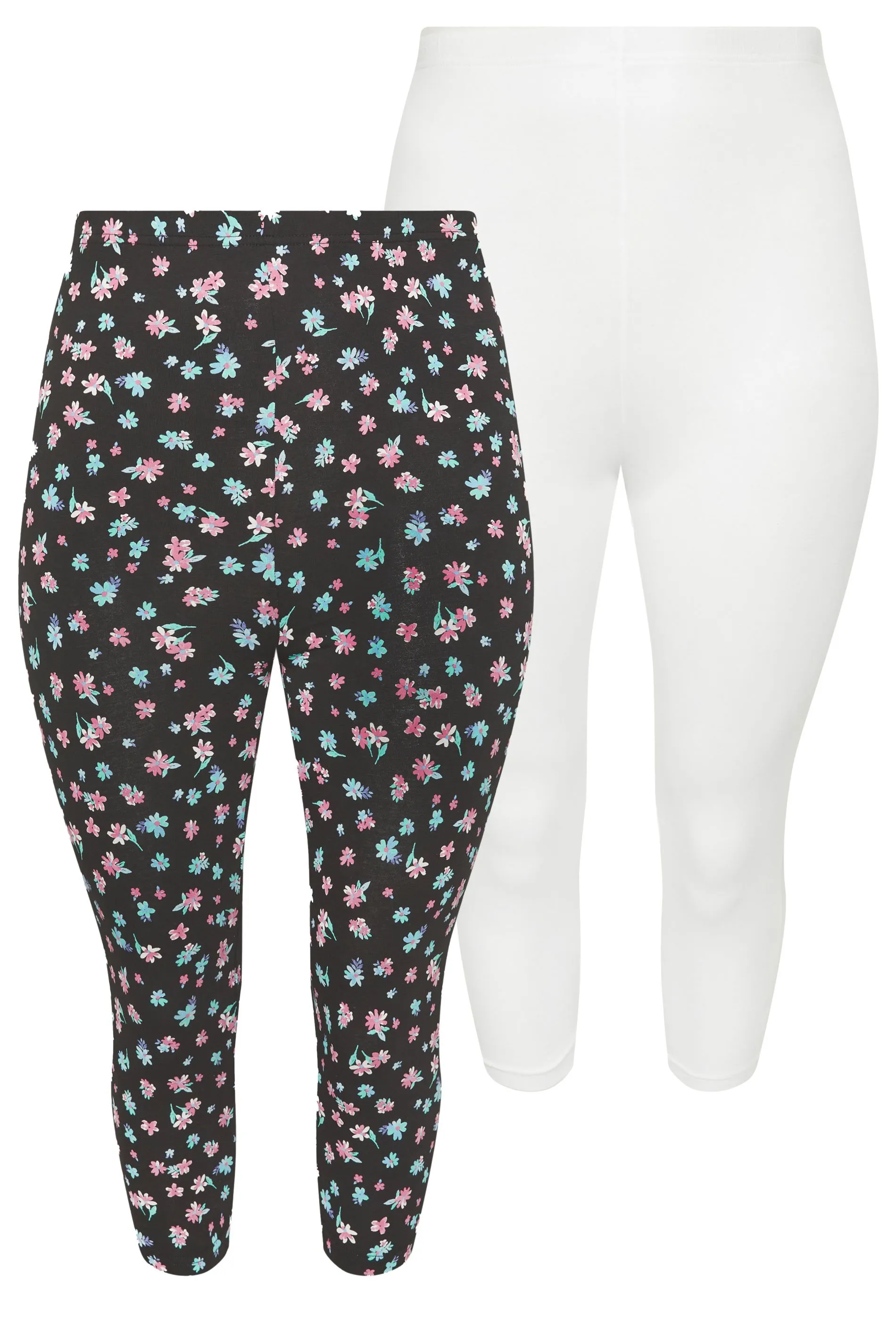 YOURS Curve 2 PACK Black & White Ditsy Floral Print Cropped Leggings