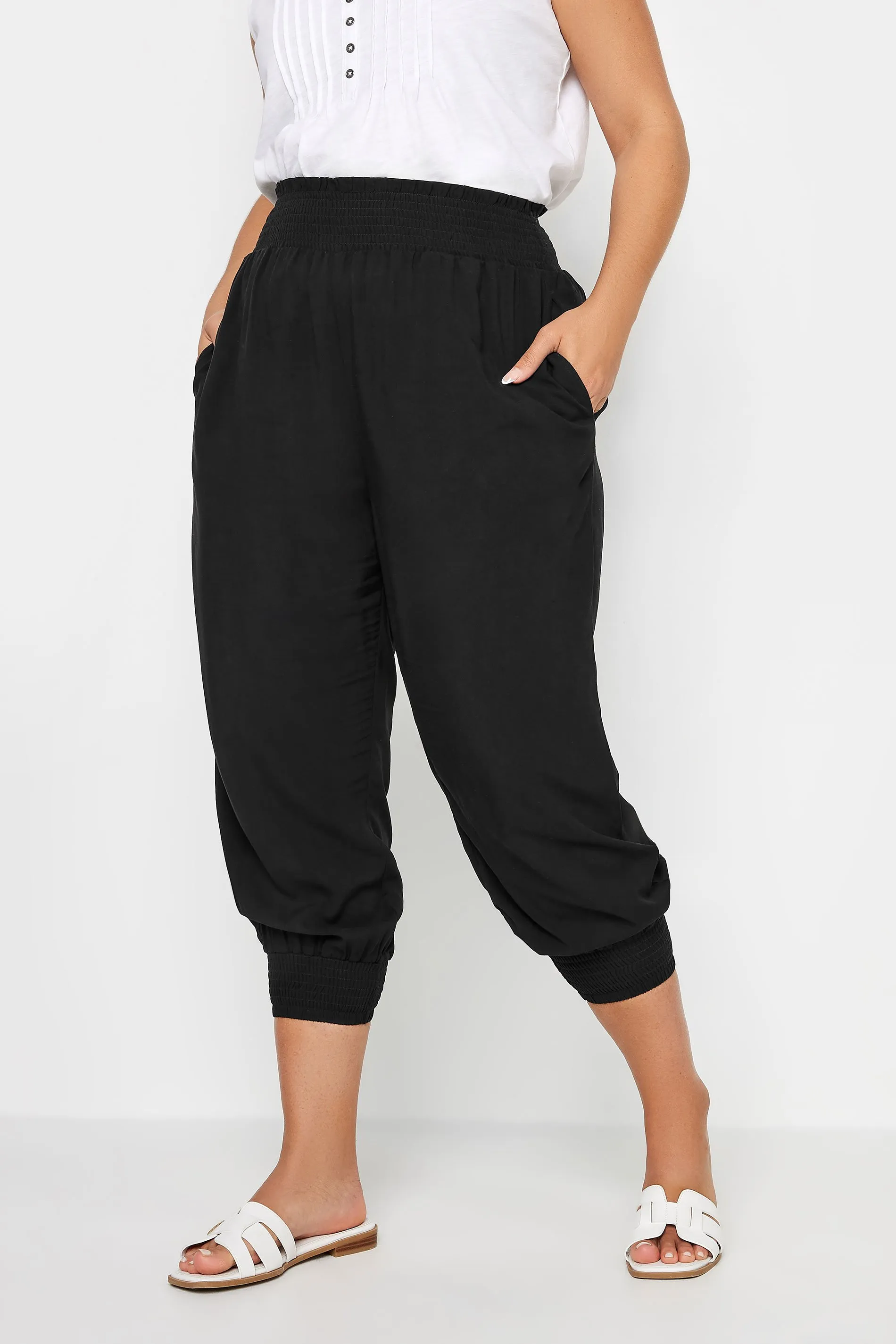 YOURS Curve Black Shirred Harem Trousers