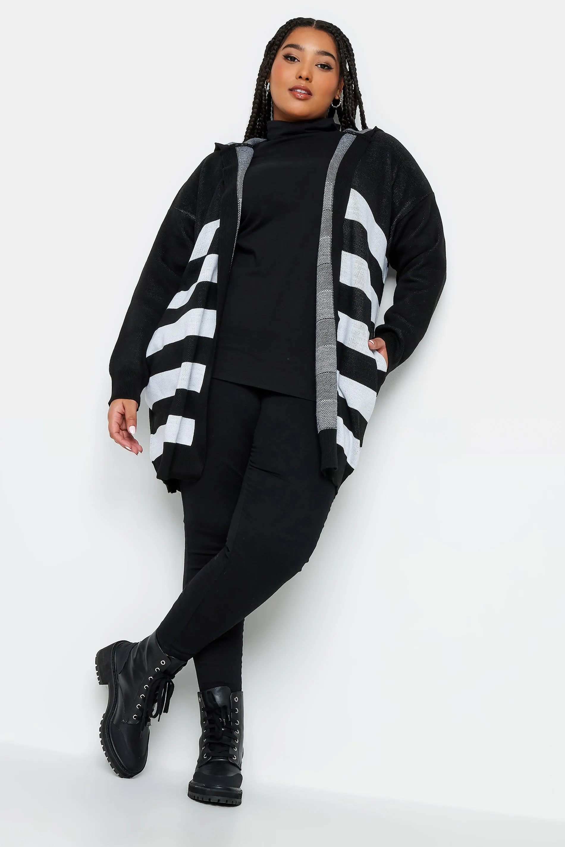 YOURS Curve Black Stripe Hooded Cardigan