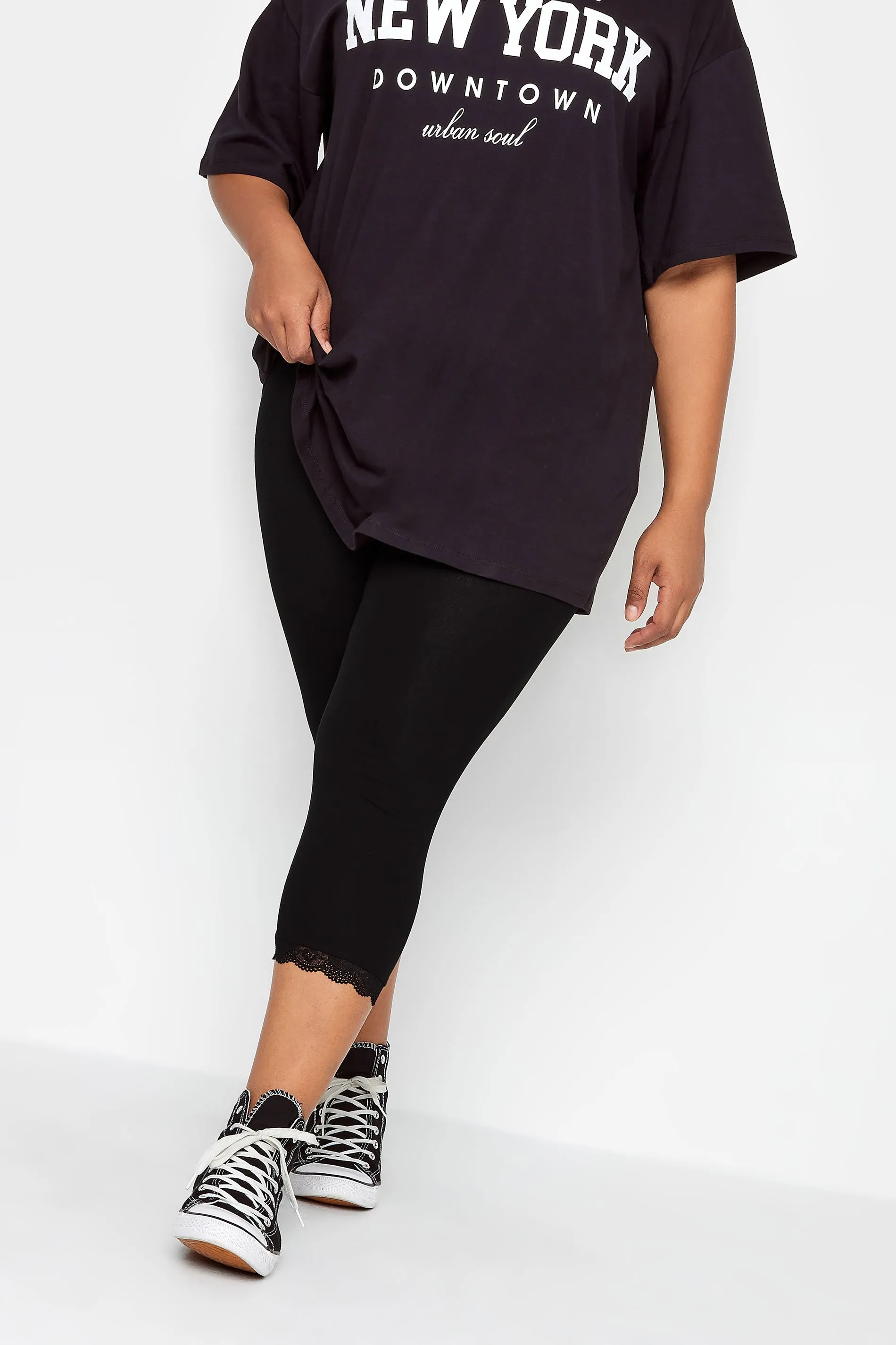 YOURS FOR GOOD Curve Black Cotton Essential Lace Trim Crop Leggings